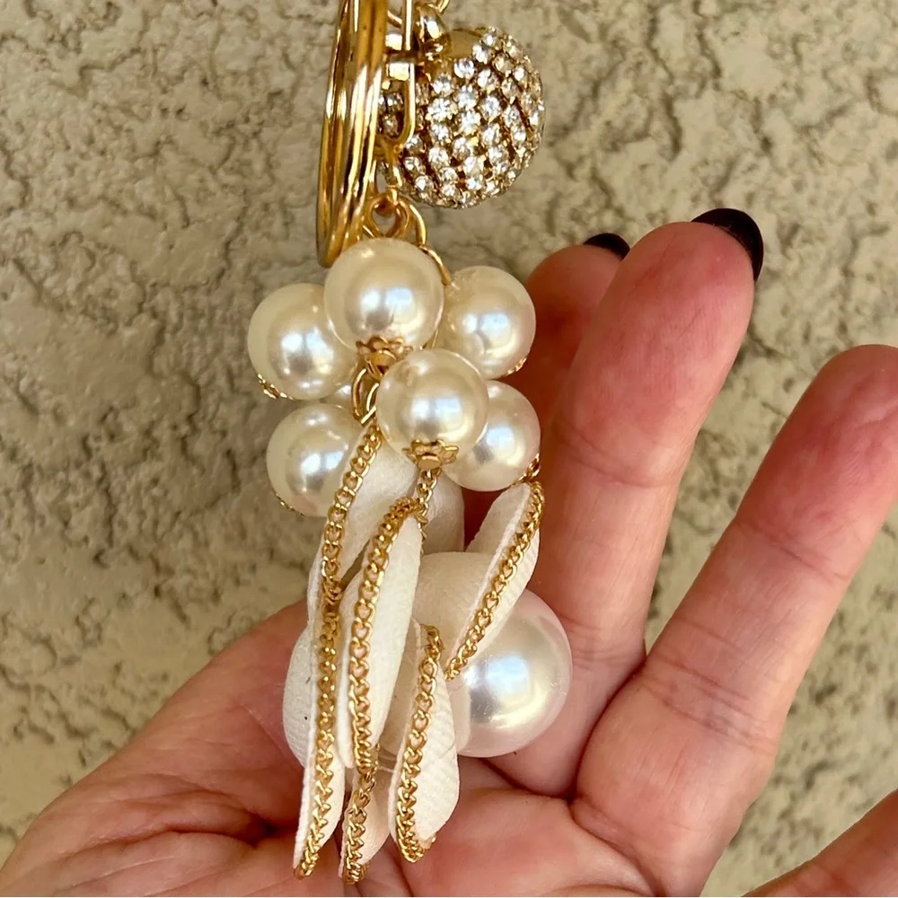 Luxe White Flower Gold Accented Keychain/ Bag Charm
